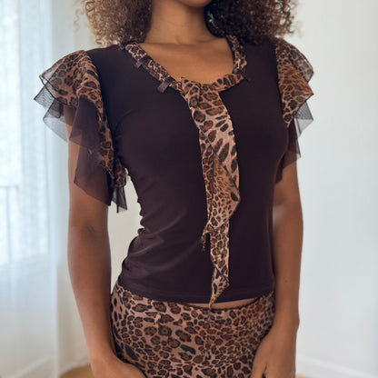 Vintage Leopard Mesh Two-Piece Set – Ruffle Skirt & Flutter-Sleeve Top (S/M)