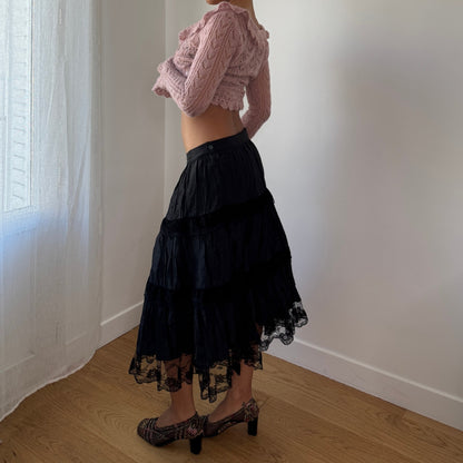 Vintage Italian Black Tiered Midi Skirt Lace Trim (S)