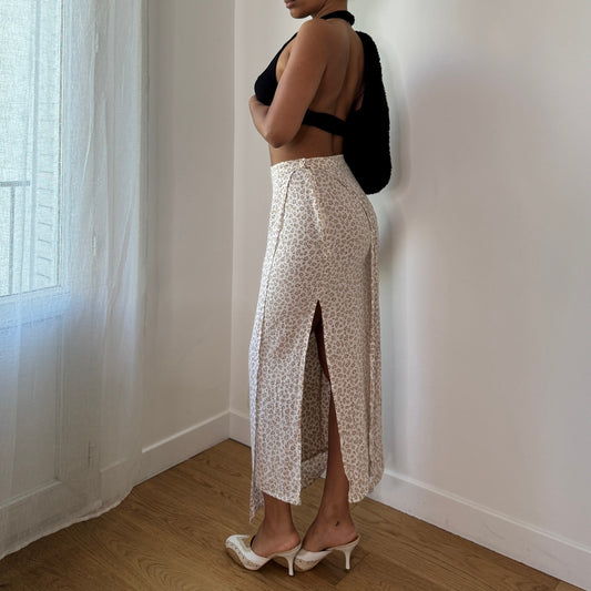 Vintage Y2K Beige Cheetah Print Mesh Maxi Skirt with Side Slit Made in Italy (XS) ⠀