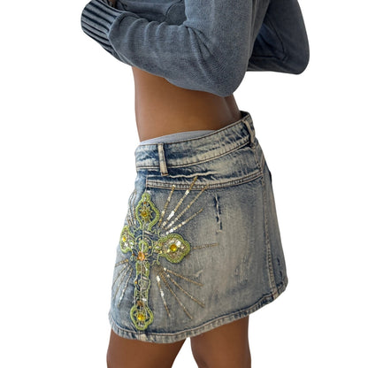 Vintage Italian Denim Mini Skirt Embroidered Sequin Floral 100% Cotton (S)