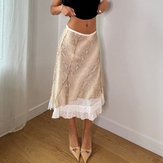 Vintage Beige Cream Snakeskin 100% Silk Ruffle Midi Skirt Italian Y2K (S)