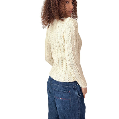 Vintage Italian Cream Cable Knit Sweater Fitted Stretch Knit (S)
