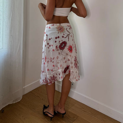 Vintage White Red Pink Floral Glitter Mesh Asymmetrical Midi Skirt Y2K (S)
