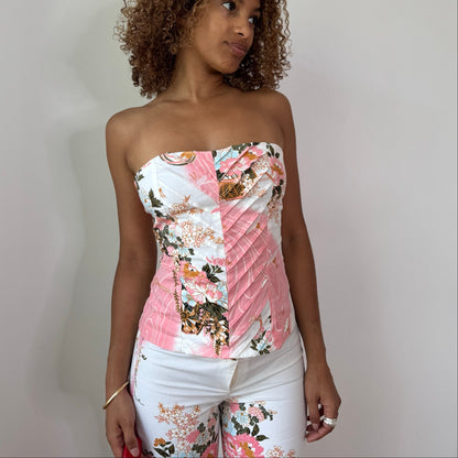 Vintage White Pink Floral Bustier & Pants Set Cotton Spanish Y2K (XS/S)
