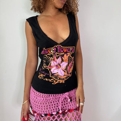 Vintage Black Graphic Sequin Tank Top Floral Deep V Neck Italian Y2K (S/M)