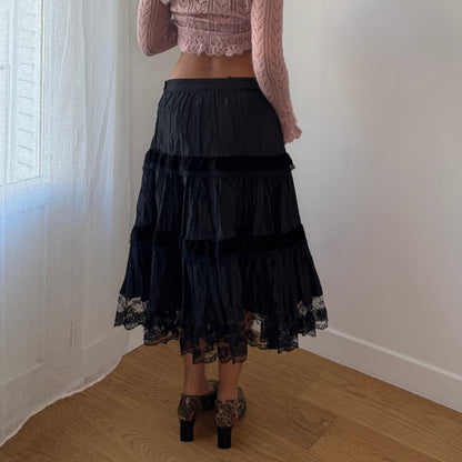 Vintage Italian Black Tiered Midi Skirt Lace Trim (S)
