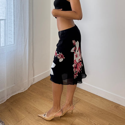Vintage Italian Black Floral Mesh Midi Skirt Pink Lily Print (S)