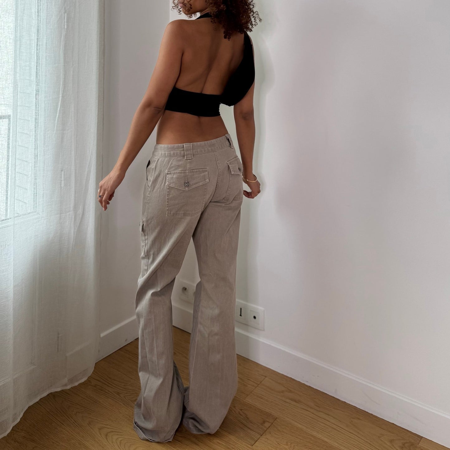 Vintage Beige Low Rise Cargo Flare Pants Italian Y2K (S/M)