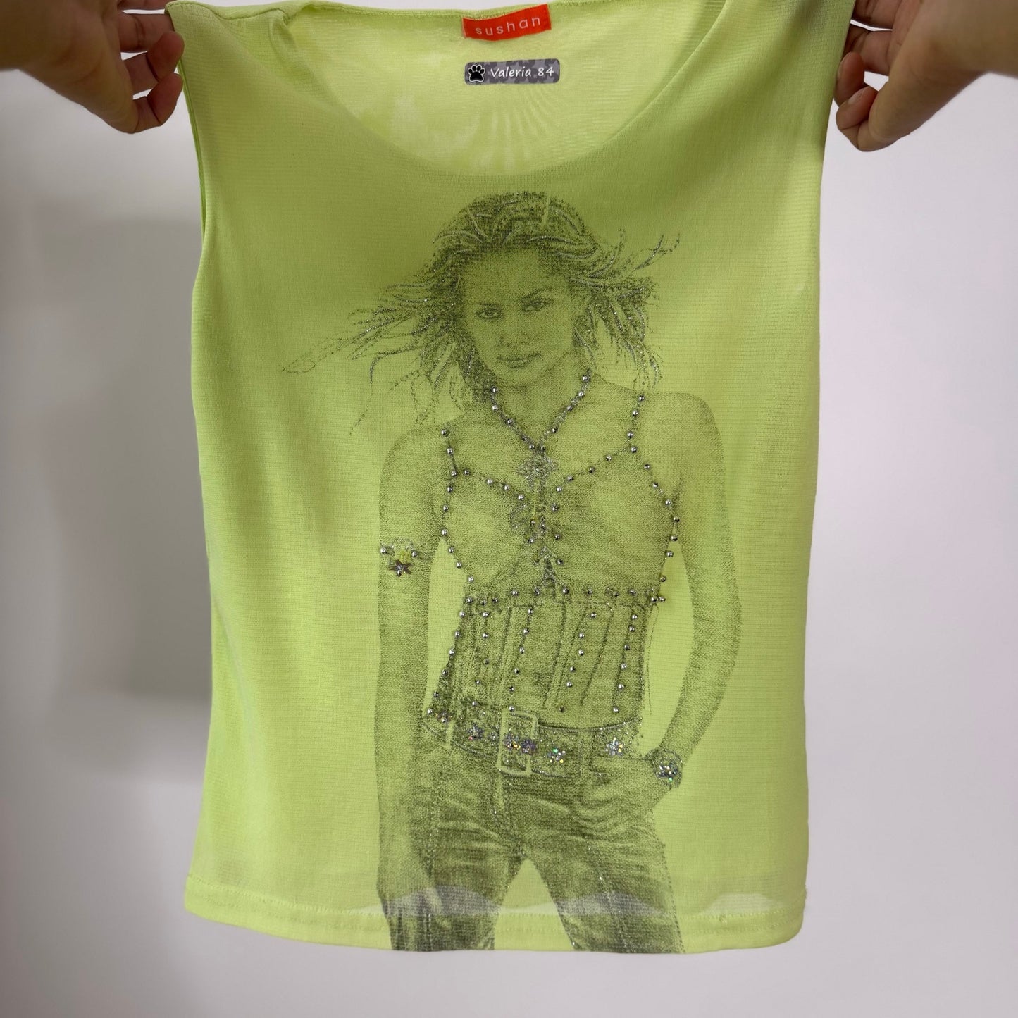 Vintage Lime Green Graphic Mesh Tank Top Beaded Sequin Y2K Euro (S)