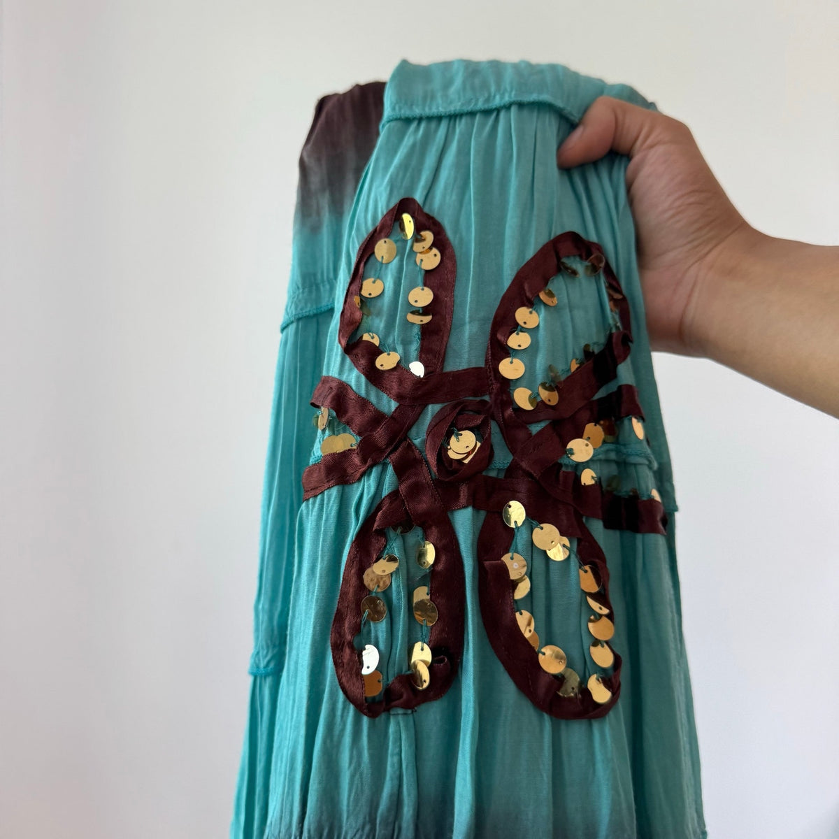 Vintage Extyn Brown Blue Ombre Maxi Skirt Sequin Floral Viscose Y2K (S/M)