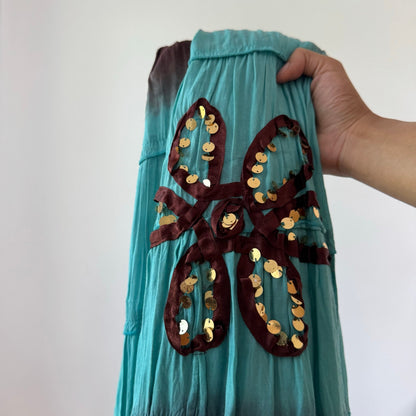 Vintage Extyn Brown Blue Ombre Maxi Skirt Sequin Floral Viscose Y2K (S/M)