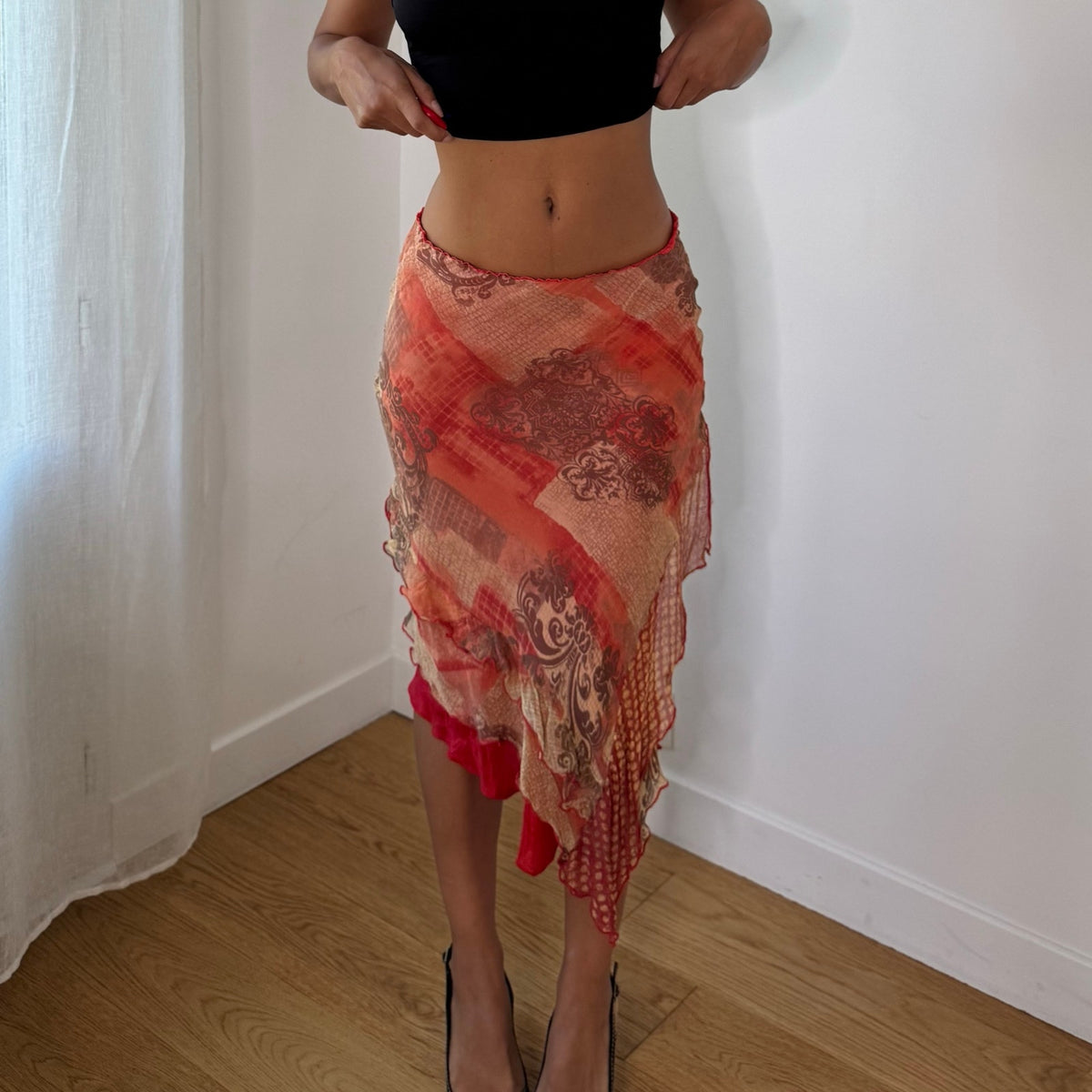 Italian Vintage Silk Mesh Asymmetric Skirt
