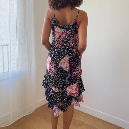 Vintage Italian Patchwork Floral Mesh Dress with Ruffle Hem (M)