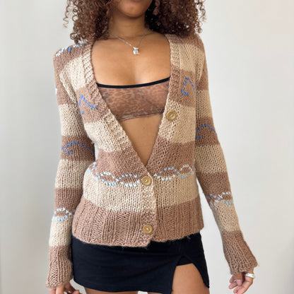 Italian Vintage neutral stripe hand-detail knit button cardigan (S/M)