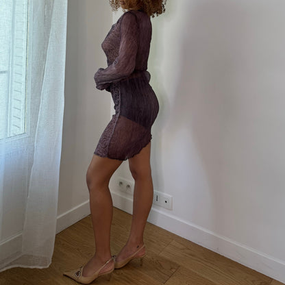 Vintage Purple Silk Mesh Mini Dress Floral Sheer Sequin Italian Y2K (S)