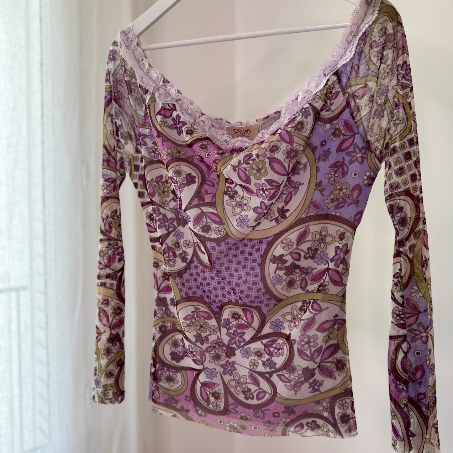 Vintage Purple Pink Paisley Floral Off Shoulder Mesh Top Y2K (M/L)