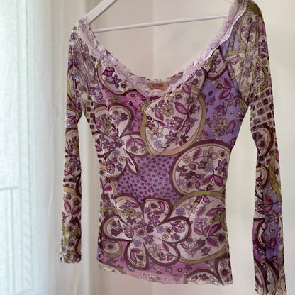 Vintage Purple Pink Paisley Floral Off Shoulder Mesh Top Y2K (M/L)