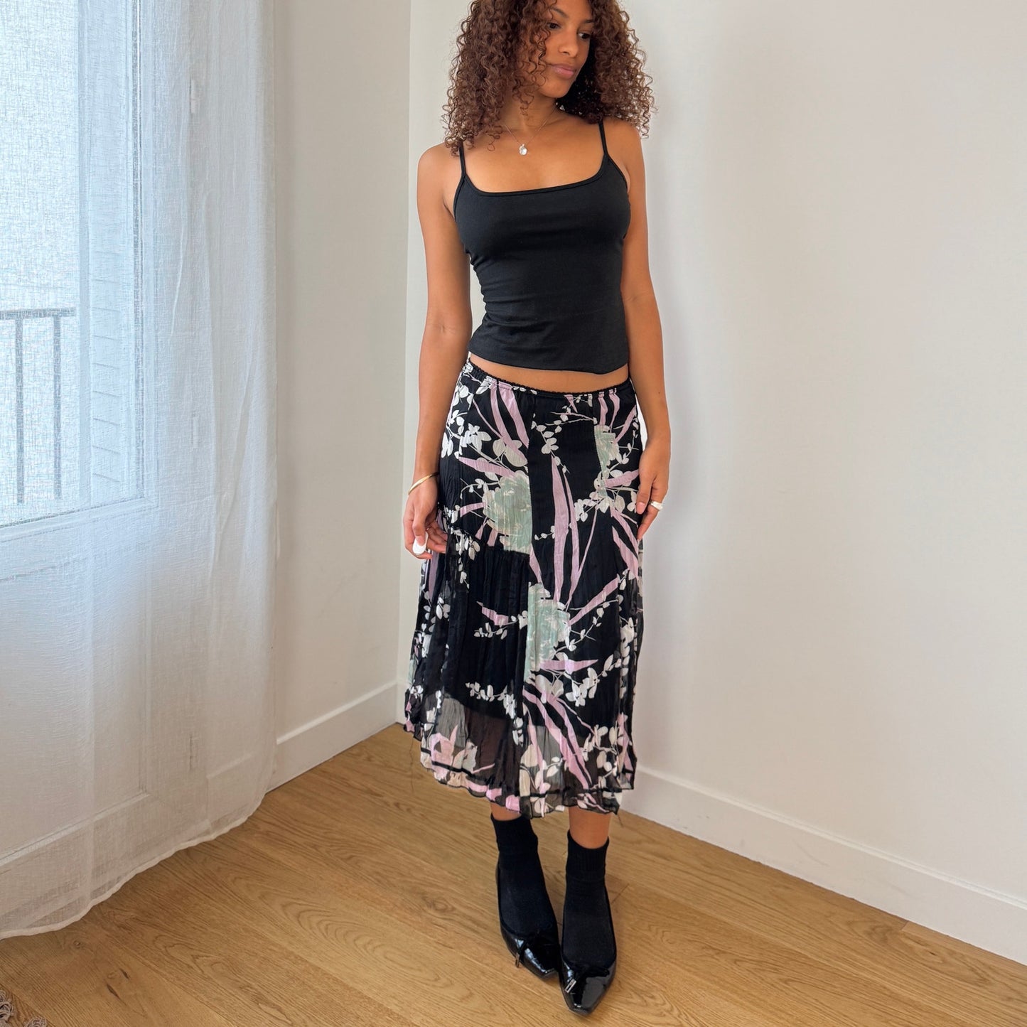 Vintage Italian black floral mesh midi skirt with abstract floral print (XS/S)