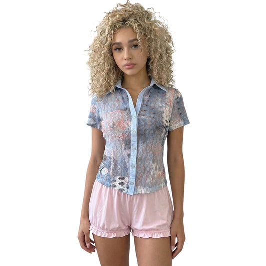 Vintage Euro Sheer Lace Button-Up Top Blue Floral Short Sleeve (S/M)