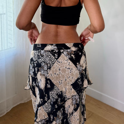 Vintage Italian Black Beige Floral Ruffle Mesh Midi Skirt (S)