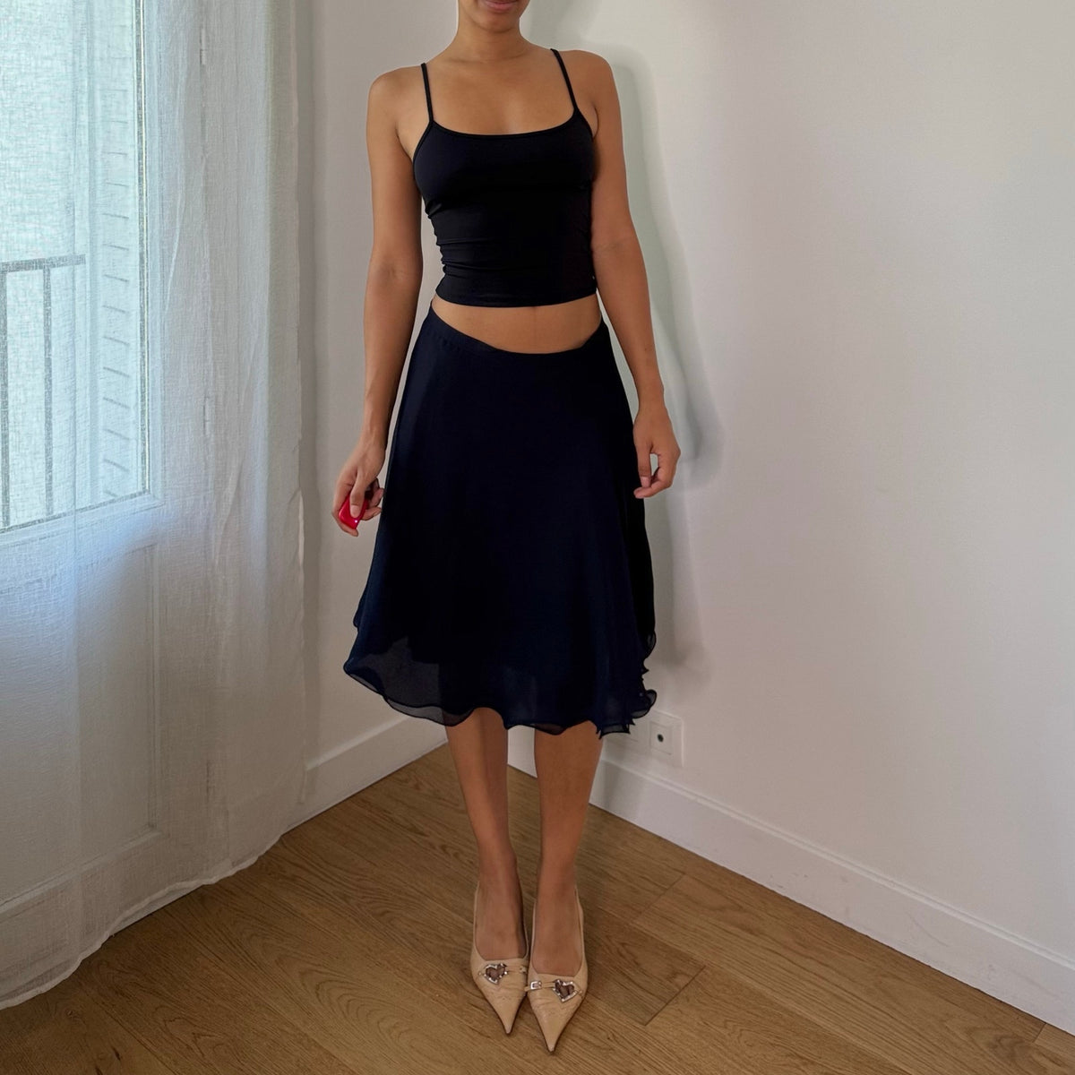 Vintage Italian Black Flowy Mesh Midi Skirt (S)