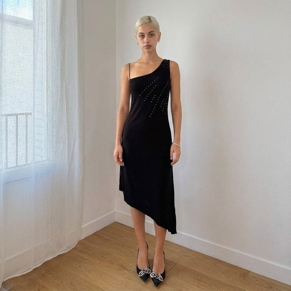 Vintage Italian Black Rhinestone Asymmetrical Midi Dress (S)