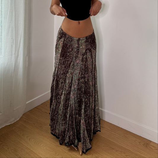 Vintage Brown Micro Floral Mesh Maxi Skirt Lace Hem Italian Y2K Skirt (S) ⠀