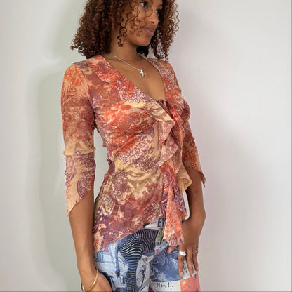 Vintage Peach Mauve Floral Mesh Ruffle Top Italian Y2K (S)