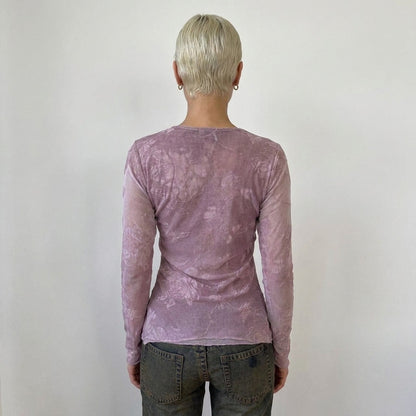Vintage Italian Dusty Pink Floral Mesh Top Y2K Sheer Long Sleeve (M)