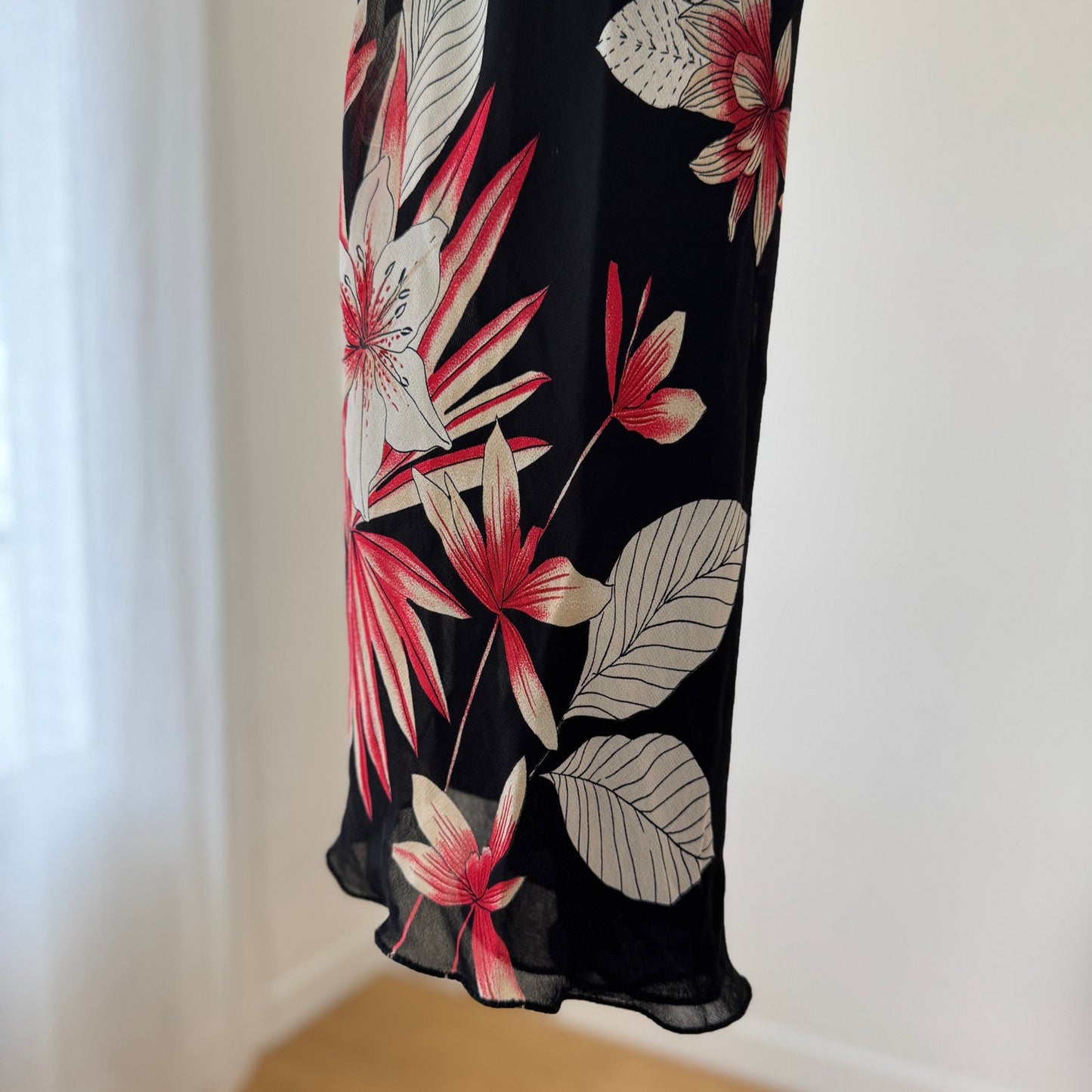 Vintage Italian Black Floral Mesh Midi Skirt Pink Lily Print (S)