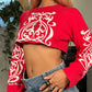 Vintage 90s Red Long Sleeves Crop Top Women Rave (XS-M) Skater cotton