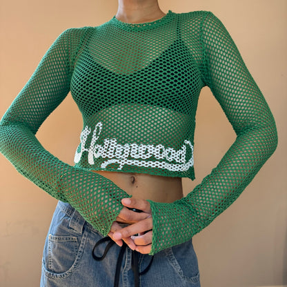 Vintage 00s green euro graphic fishnet long sleeve (XS/S)