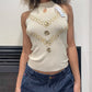 Vintage 90s cream knit high mock neck sleeveless top with gold sequins (S)