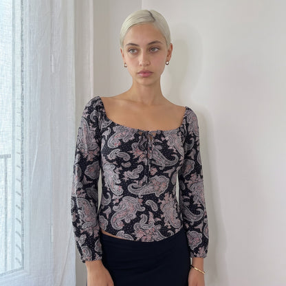 Vintage Black Pink Polka dot & Paisley Long Sleeve Top Y2K (S/M)