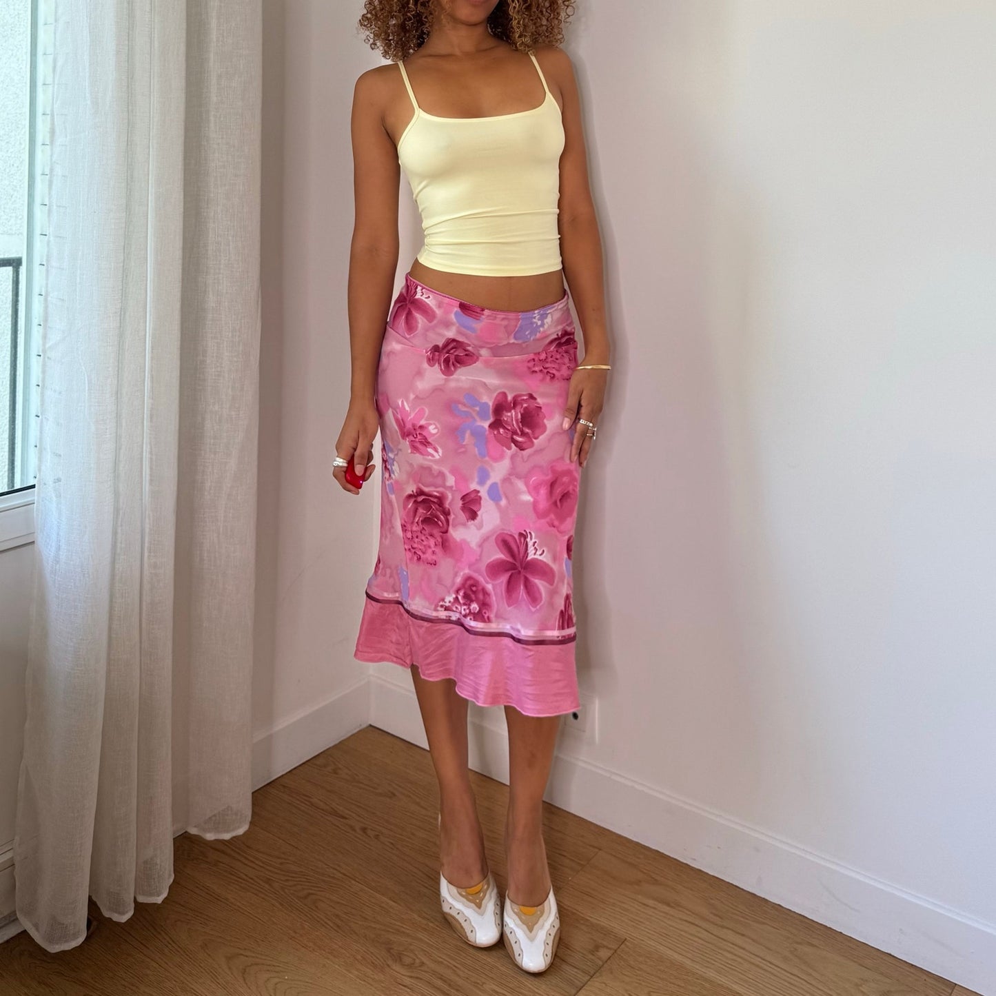 Vintage Pink Purple Floral Satin Midi Skirt Italian Y2K (S)