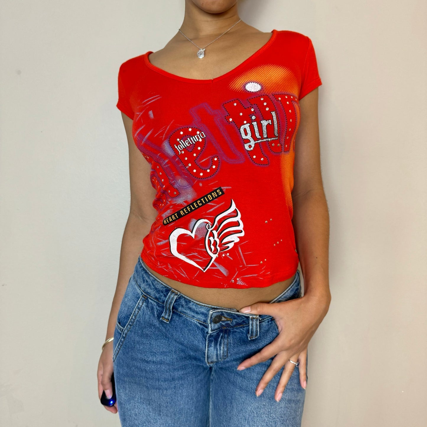 Italian Vintage 00s red graphic baby tee with lace up back (S) euro fitted