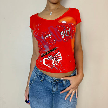 Italian Vintage 00s red graphic baby tee with lace up back (S) euro fitted