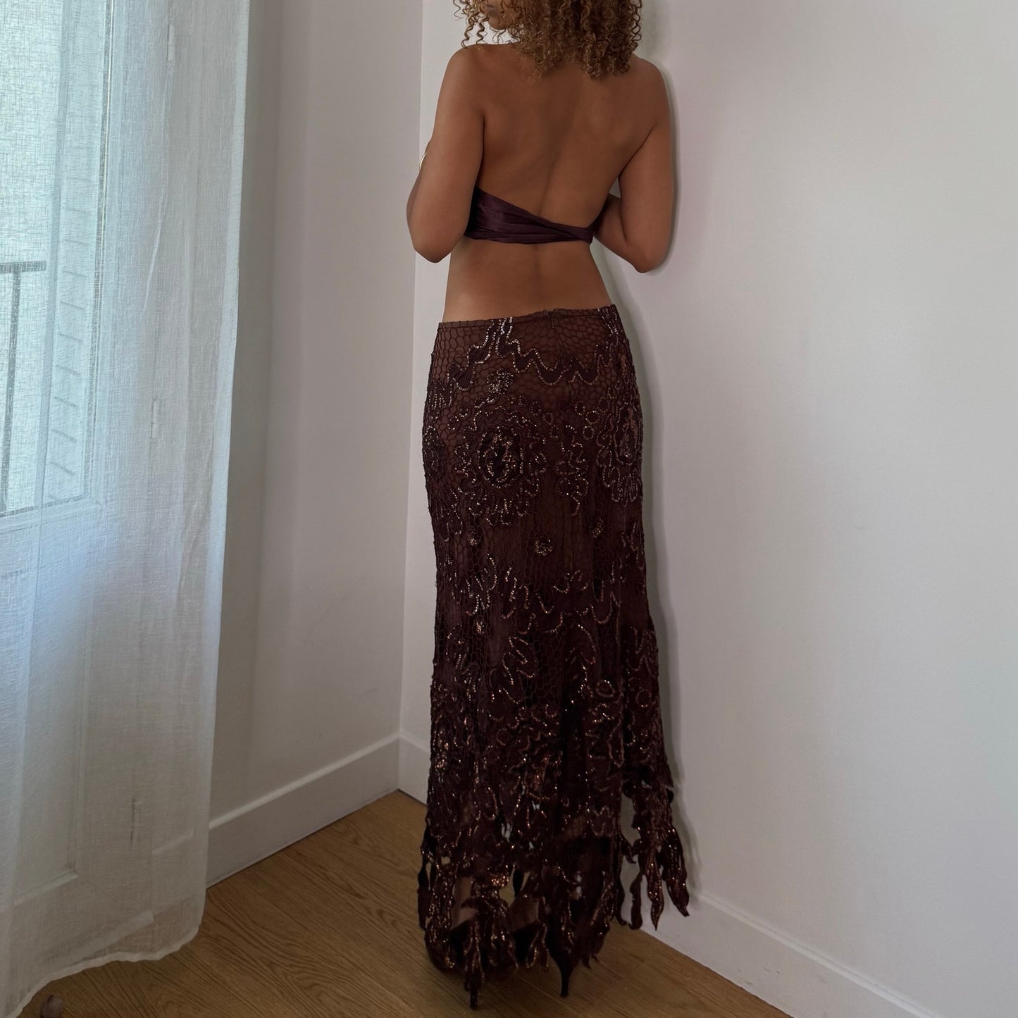 Vintage Brown Hand Beaded Silk Mesh Maxi Skirt Y2K (S)