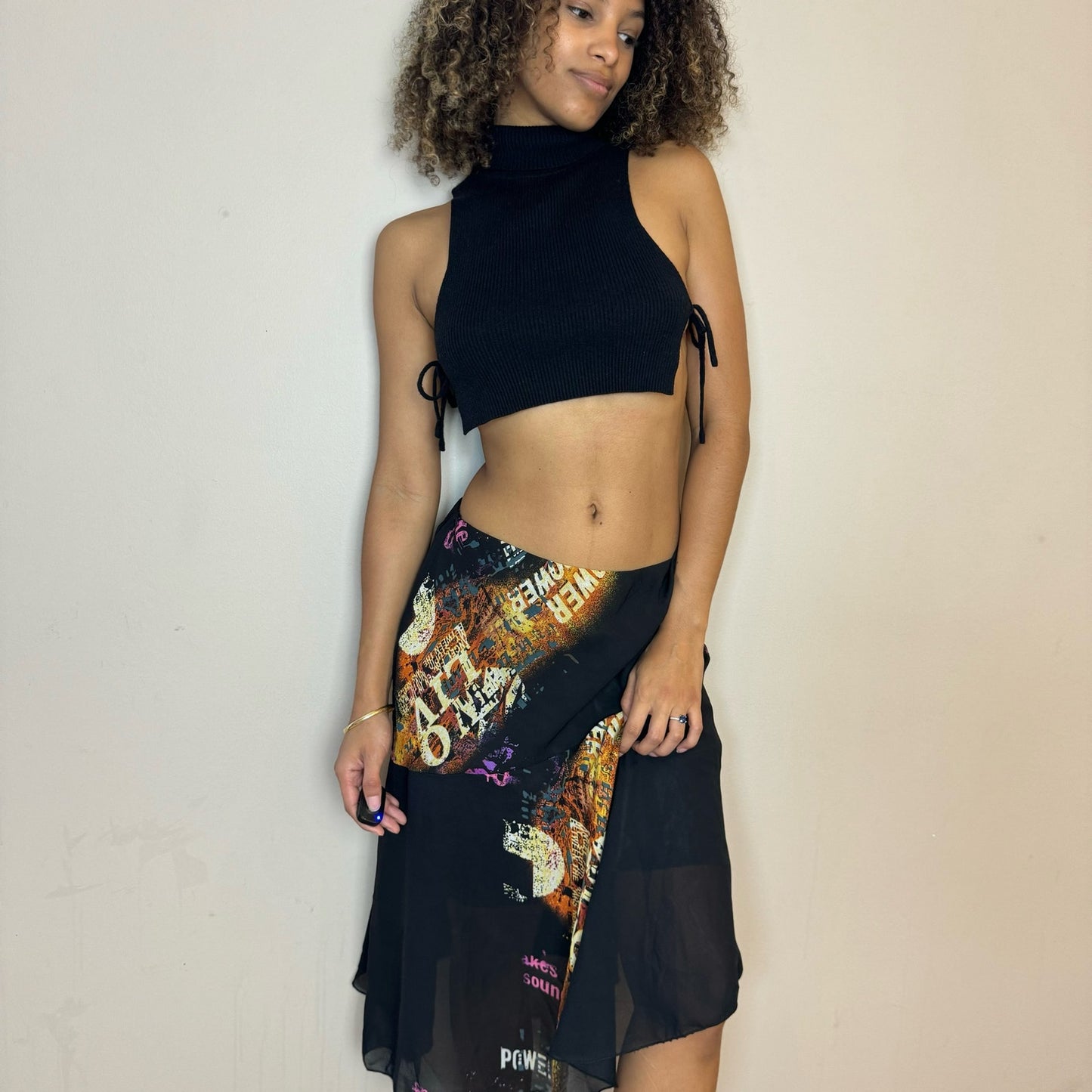 Vintage asymmetric graphic print midi skirt (S/M)