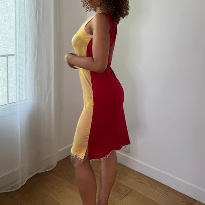 Vintage Yellow Orange Red Geisha Graphic Beaded Slinky Midi Dress Italian Y2K (S)