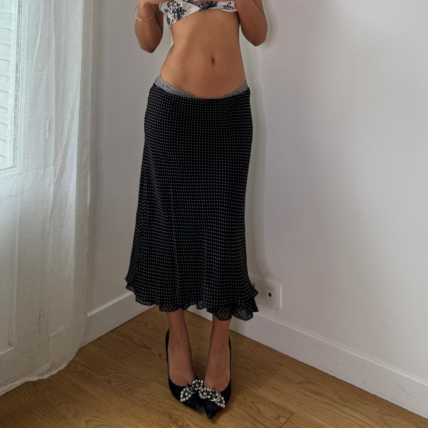 Vintage Black Polka Dot Mesh Midi Skirt Ruffle Hem Italian Y2K (M)