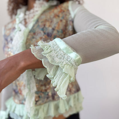 Vintage Designer Brocade & Mesh Ruffle Top Sheer Sleeves Lace Trim Romantic (S/M)