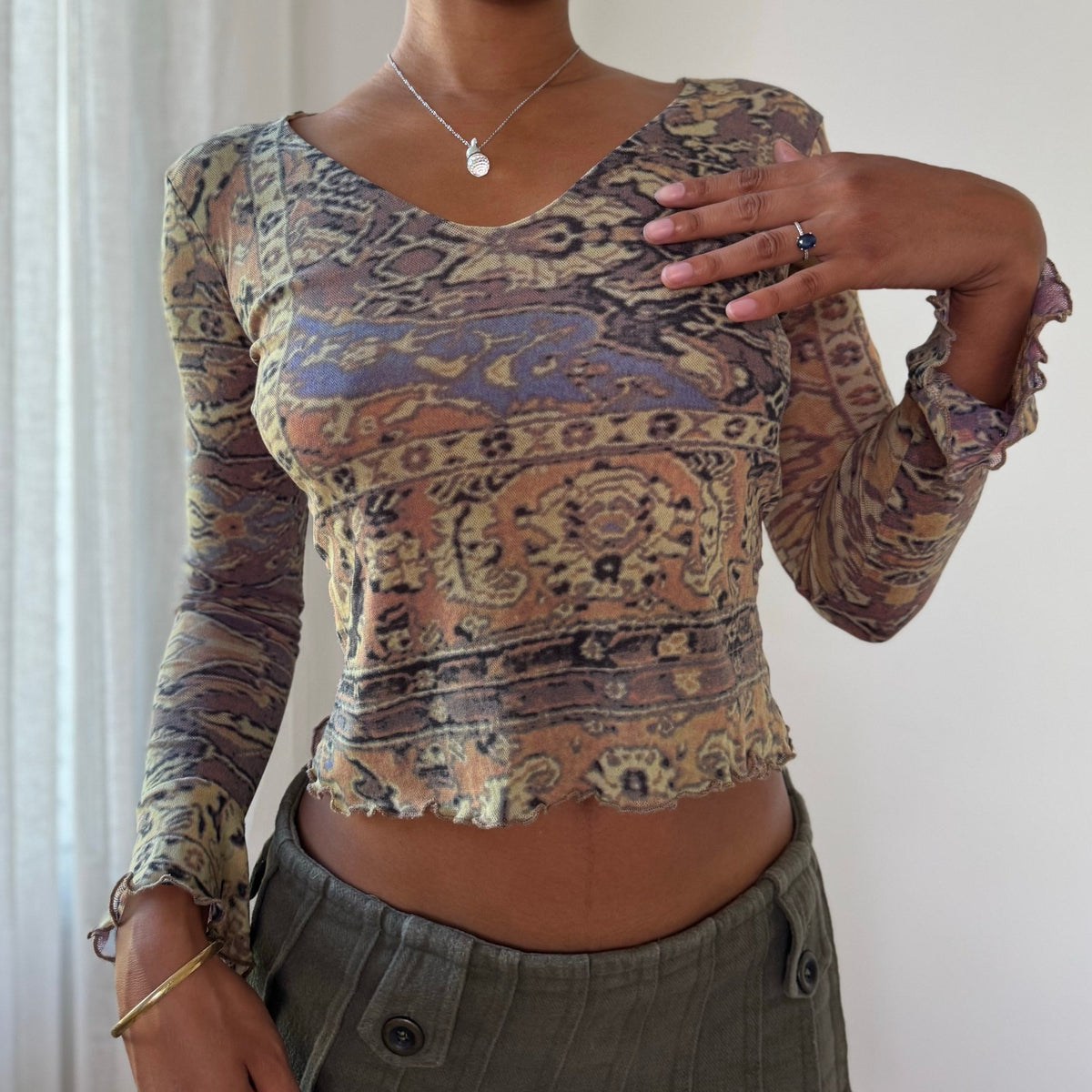 Vintage Sonia Fortuna Abstract Mesh Long Sleeve Top (S)