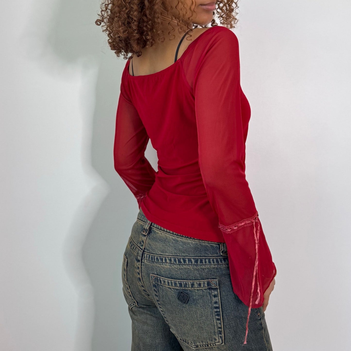 Vintage Red Burgundy Sheer Mesh Bell Sleeve Top Italian Y2K (S/M)
