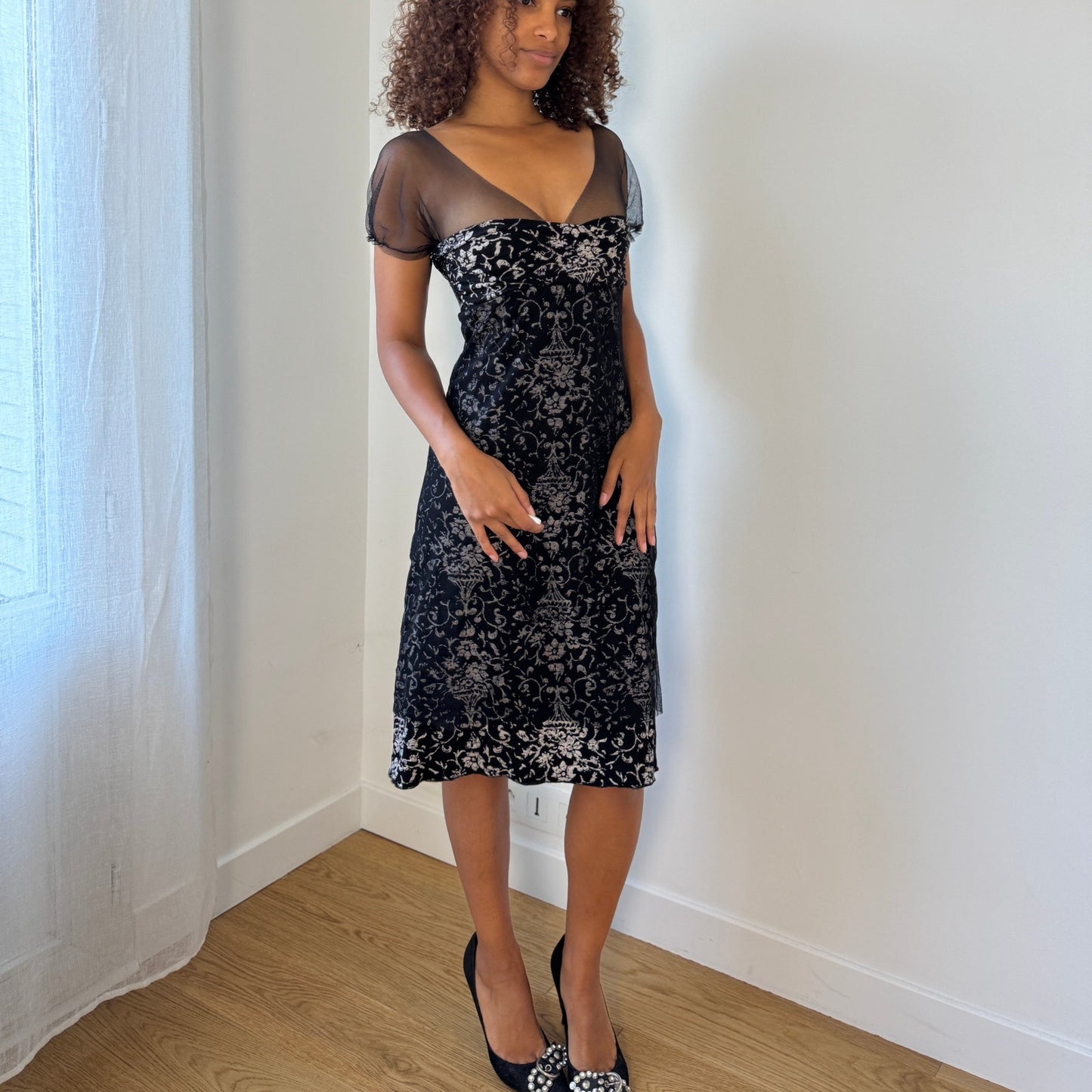 Vintage Italian Mesh Overlay Midi Dress (S)