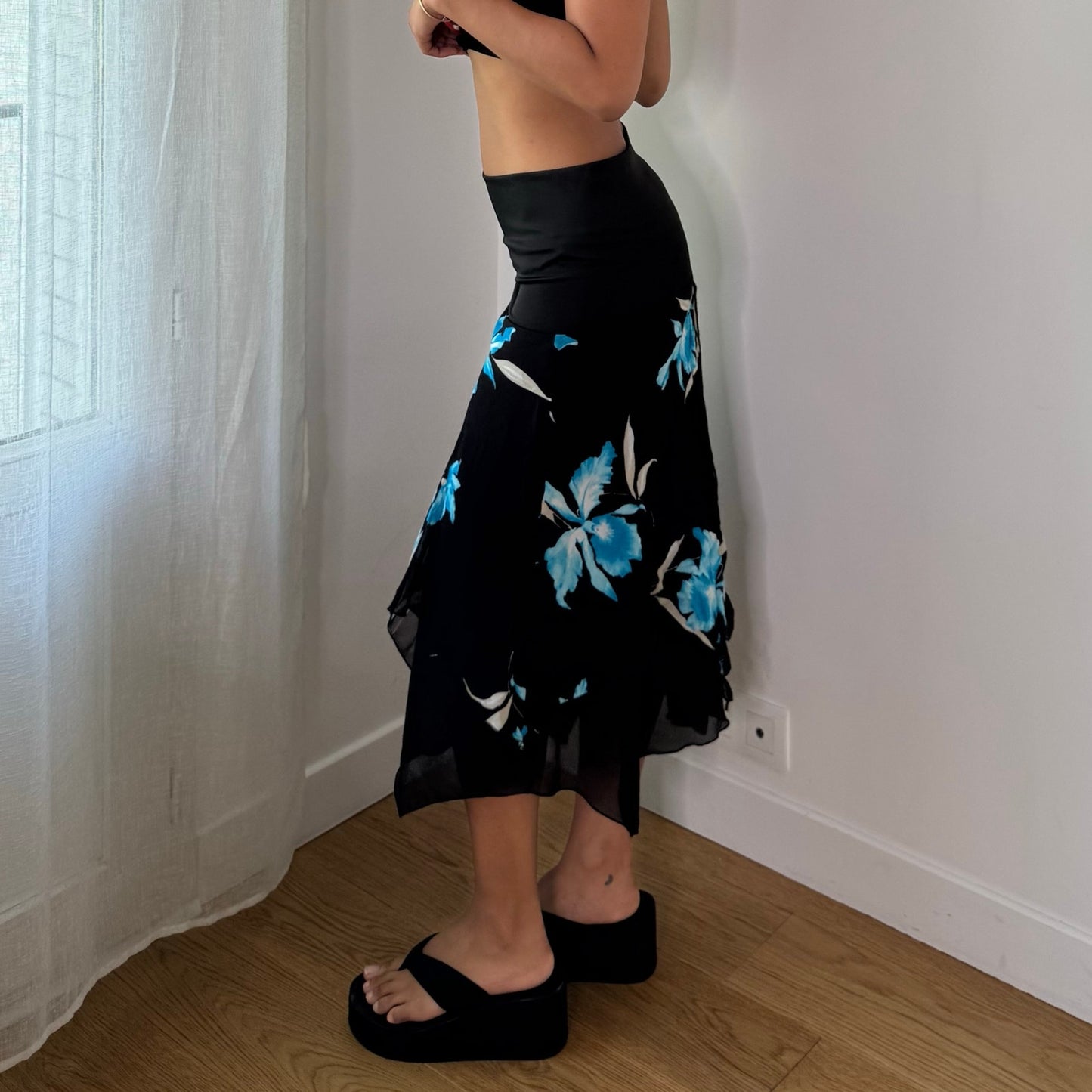 Vintage Black Blue Floral Mesh Asymmetrical Midi Skirt Italian Y2K (S)