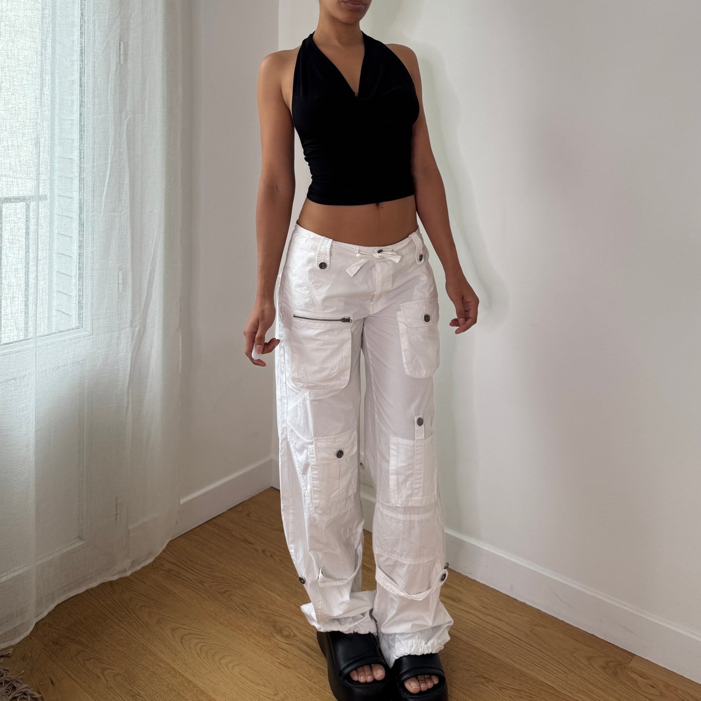 Vintage White Cotton Cargo Parachute Pants Utility Pocket Y2K (S)