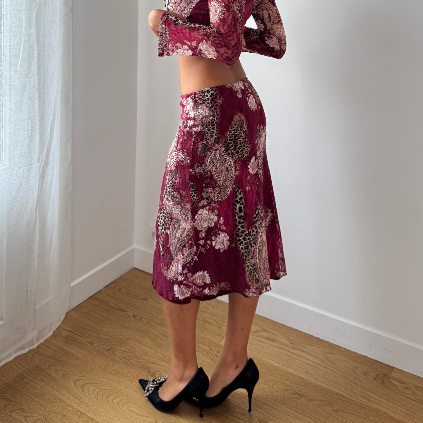 Vintage Burgundy Floral & Cheetah Lace Midi Skirt Y2K French (S)