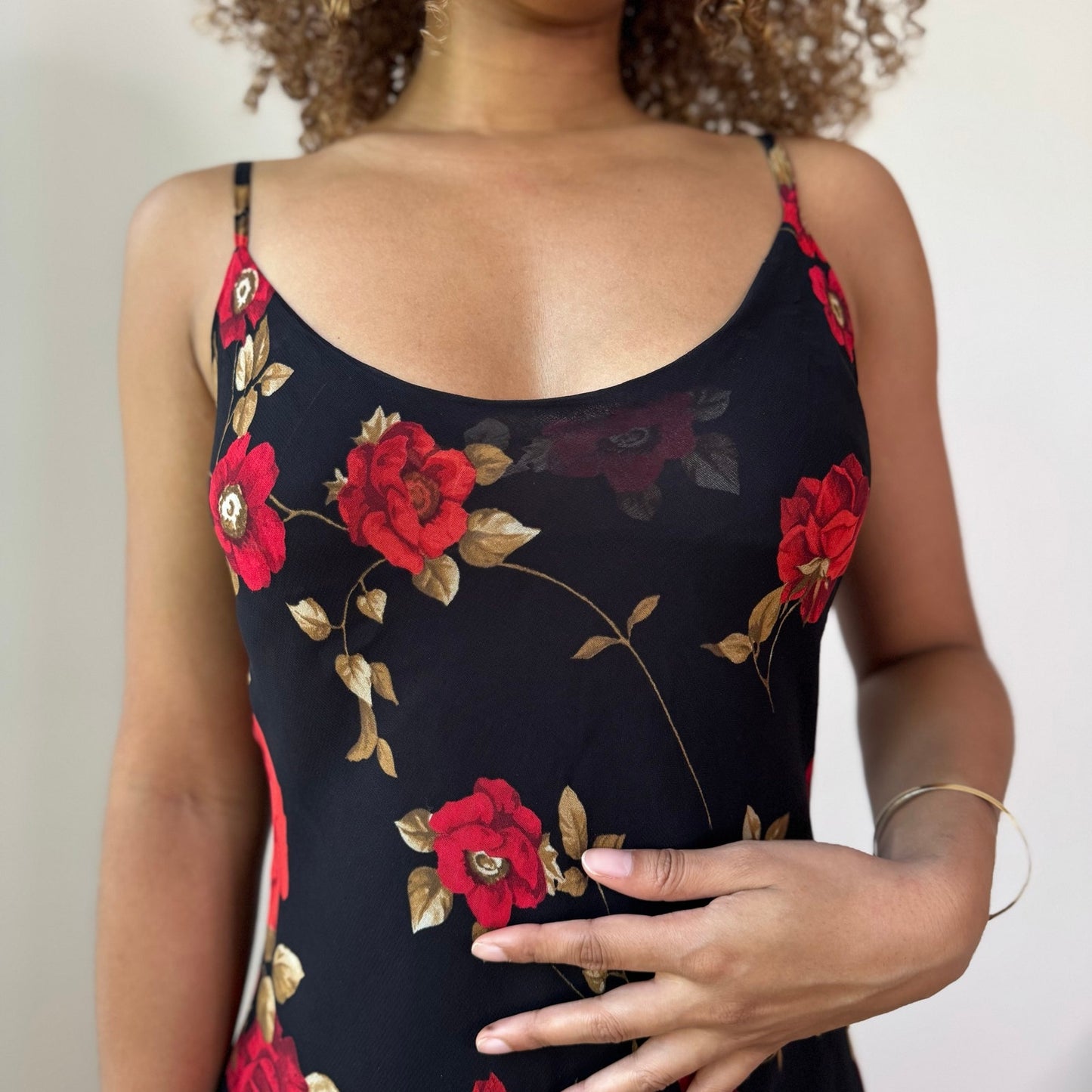 Vintage Black Red Floral Mesh Midi Dress Sheer Layer Italian Y2K (S/M)