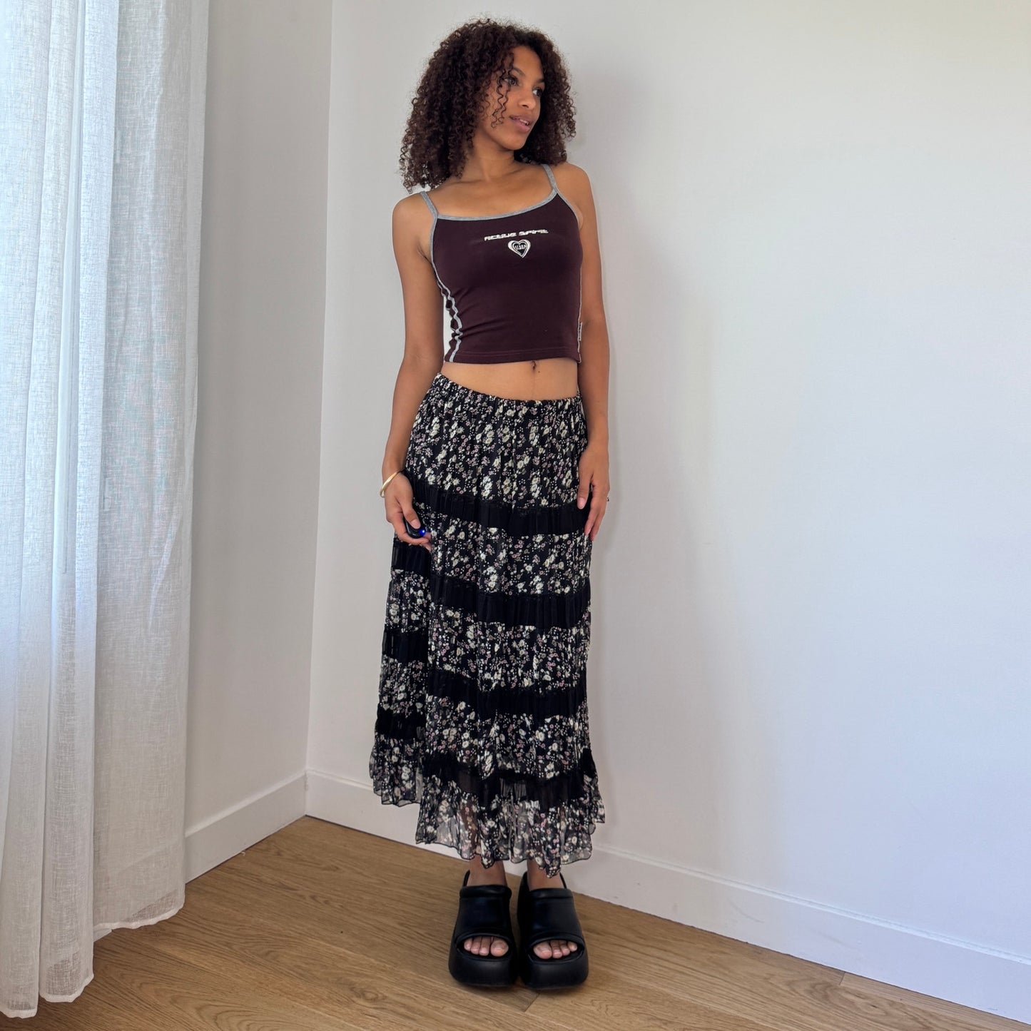 Vintage Black Pink Floral Mesh Tiered Maxi Skirt Euro Y2K (XS/S)